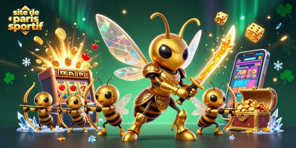 Pariez sur le site de paris sportif avec une illustration dynamique de casino remplie de jets de lumière et d'argent.