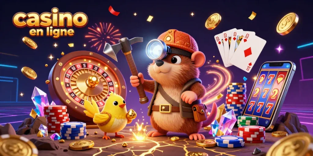 Une scène casino en ligne colorée avec un taupe chasseur de trésors, des pièces d'or et des joyaux qui explosent de joie.