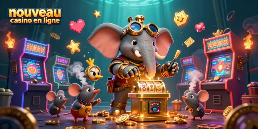 Visuel dynamique d'un nouveau casino en ligne présentant un éléphant steampunk jouant à des machines à sous