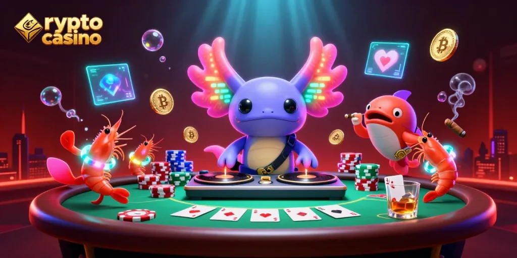 Illustration dynamique de casino crypto, axolotl DJ entouré de crevettes dansantes et un poisson-battant.