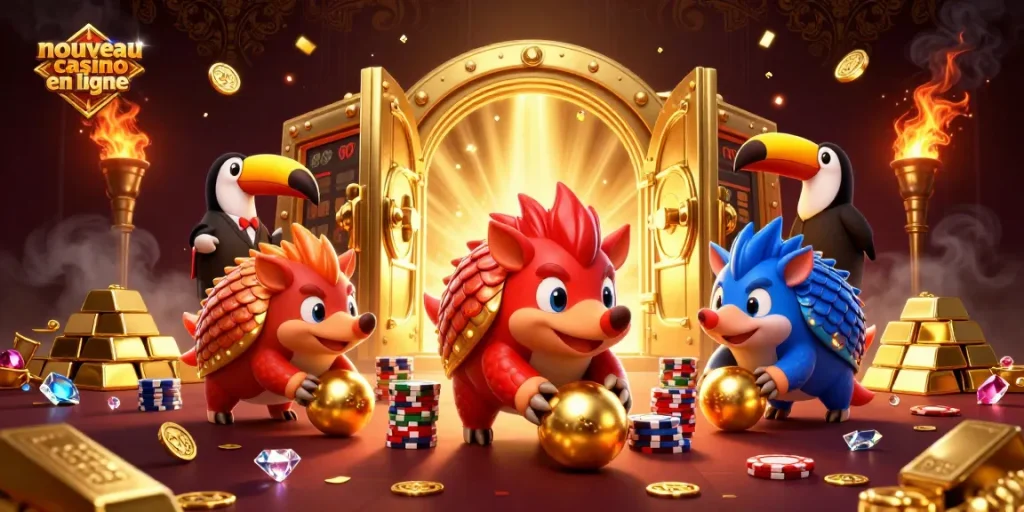 Profitez des jeux captivants de "nouveau casino en ligne" avec des pangolins en compétition dans un décor luxueux.