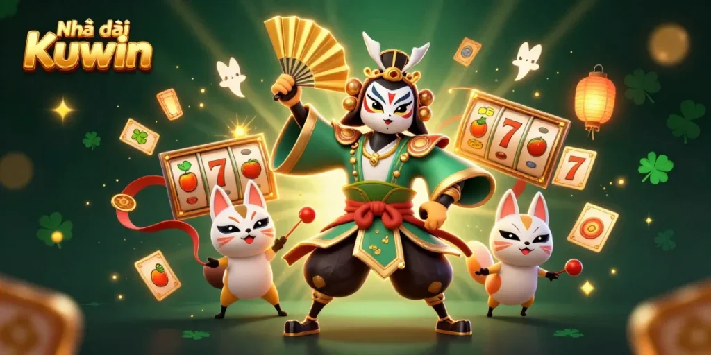 Engaging scene featuring Nhà cái Kuwin with vibrant slot elements and dynamic characters, showcasing lively casino atmosphere.