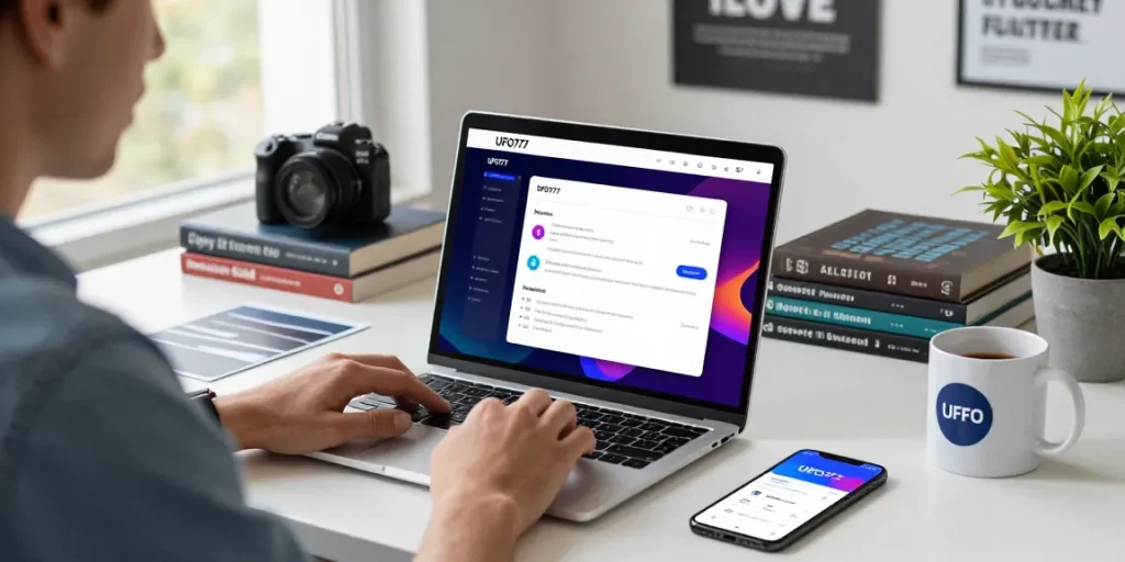 Antarmuka aplikasi UFO777 ufoapk.id dalam lingkungan pengembangan modern, tampilan interaktif dan responsif di layar laptop.